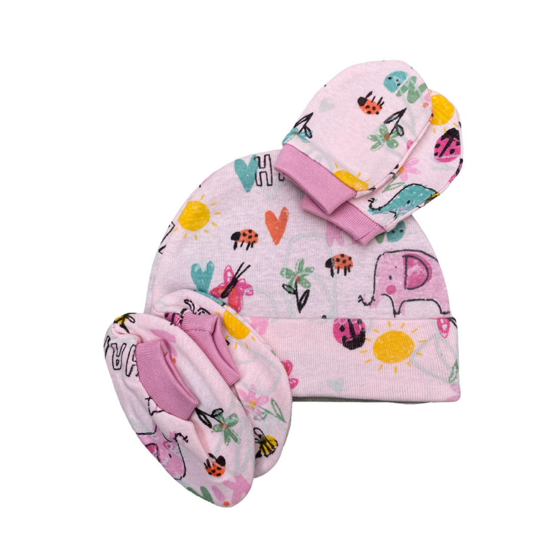 Cap Booties & Mittens - Pink Elephant