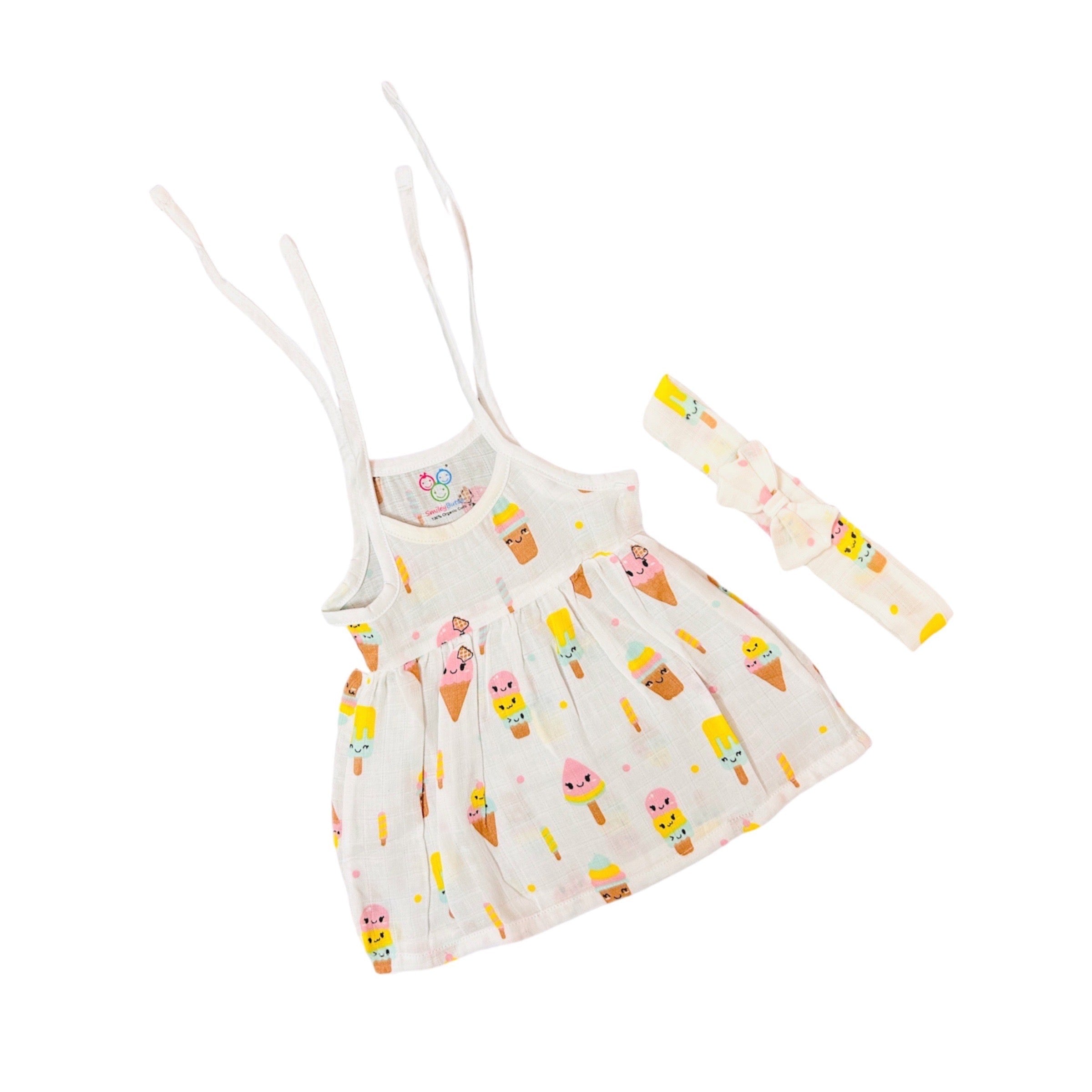 Organic Muslin Frock Jabla With Bow - Pack of 2 - Icecream & Sky