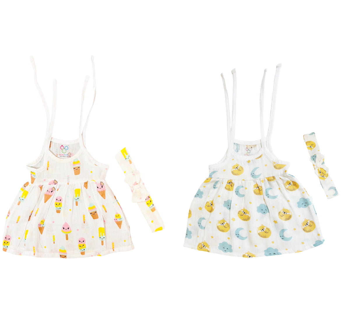 Organic Muslin Frock Jabla With Bow - Pack of 2 - Icecream & Sky