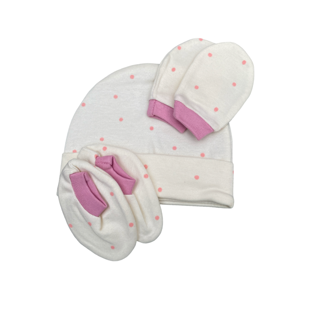 Cap Booties & Mittens - White Polka