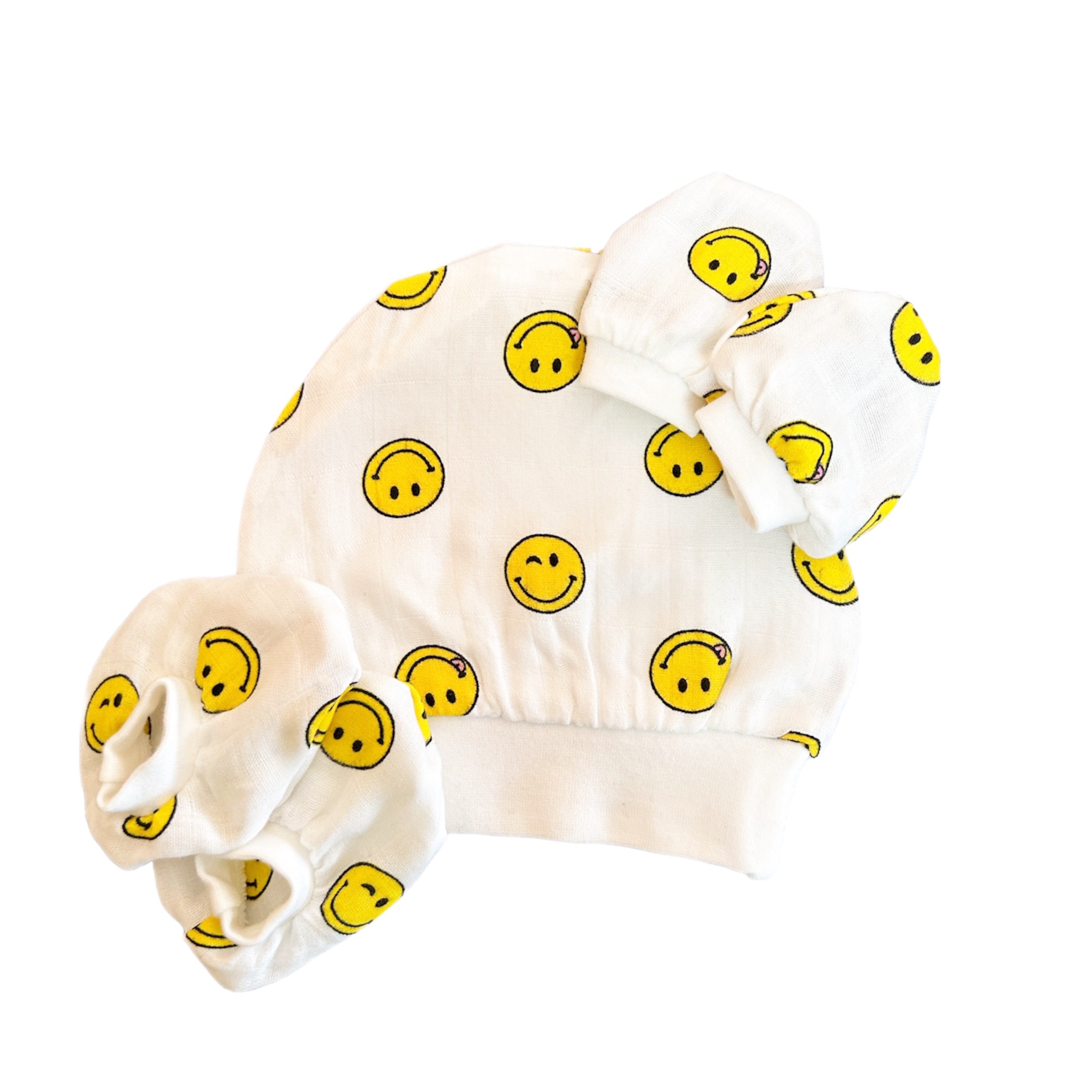 Muslin Cap Booties & Mittens - Smiley