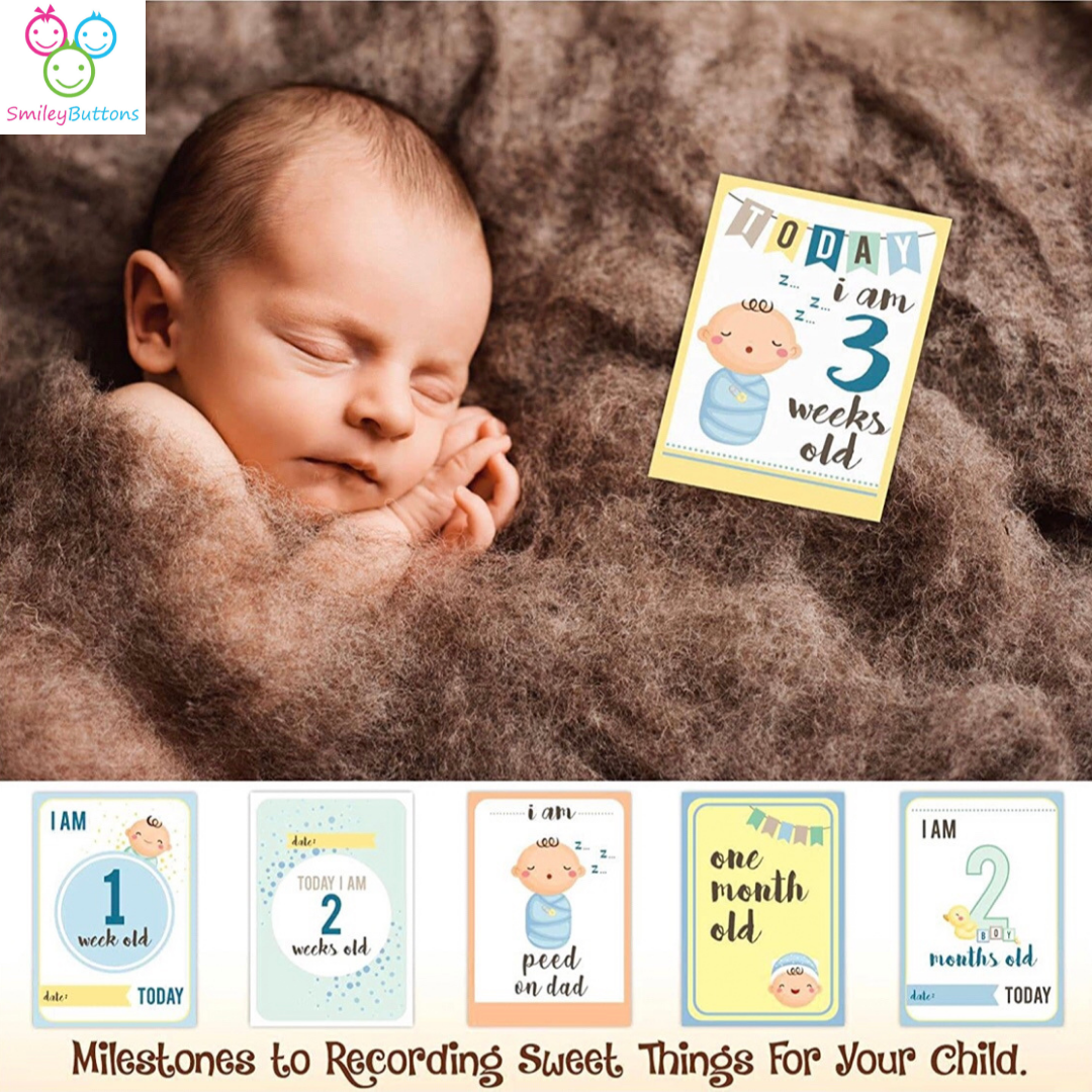 Baby Milestone Cards - Blue | Buy Milestones Monthly Cards For Baby Boy | Smiley Buttons