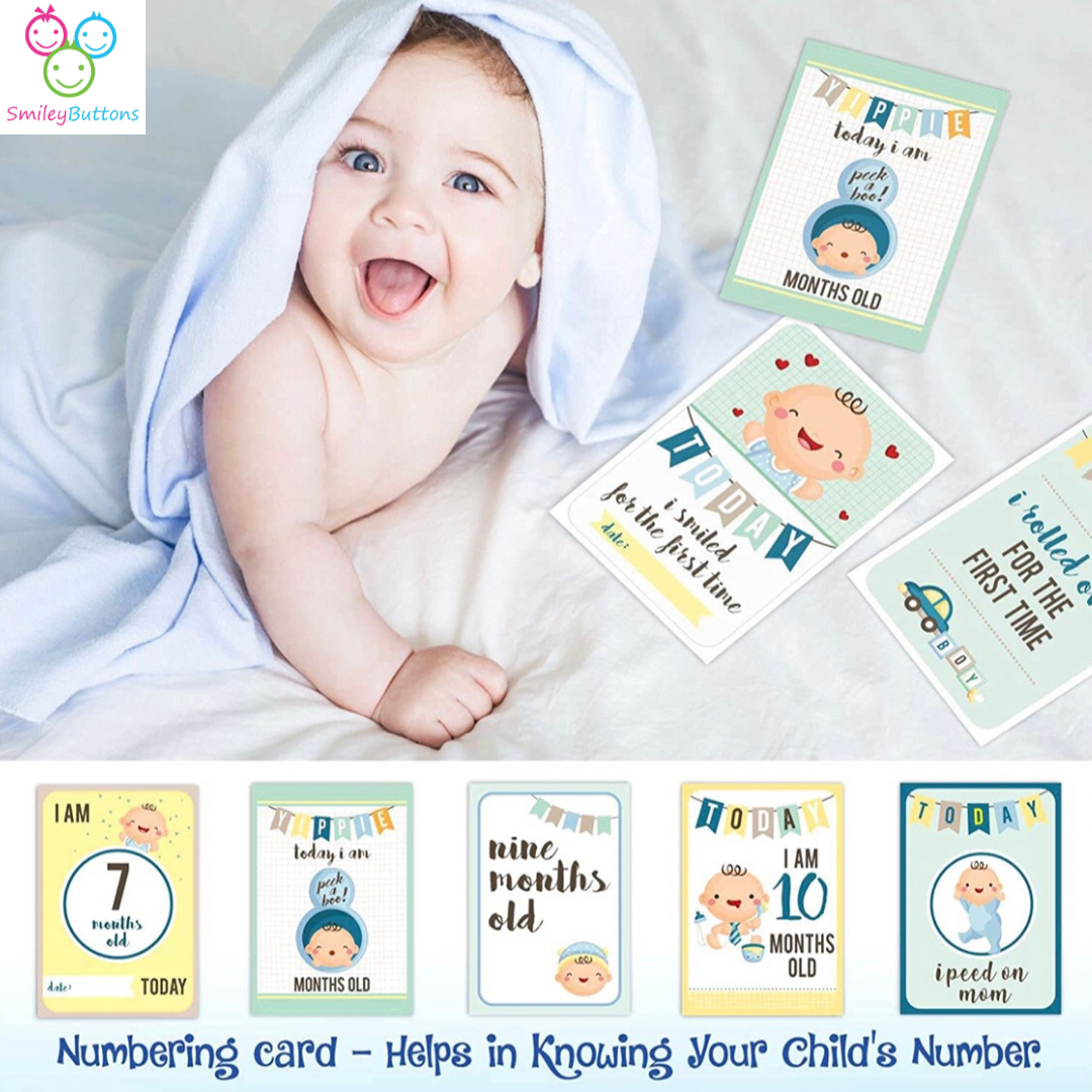 Baby Milestone Cards - Blue | Buy Milestones Monthly Cards For Baby Boy | Smiley Buttons