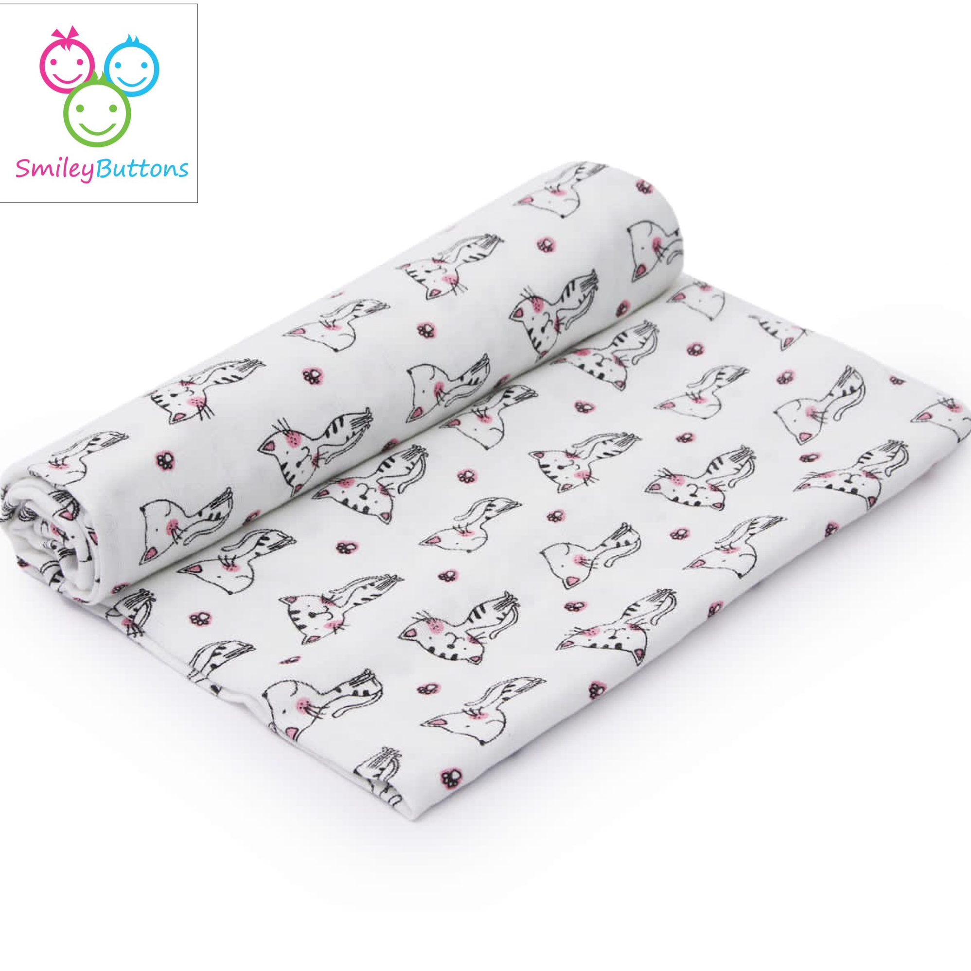 Organic Muslin Swaddle - Kitty | Organic Muslin Swaddle Blanket For Newborn Baby | Smiley Buttons