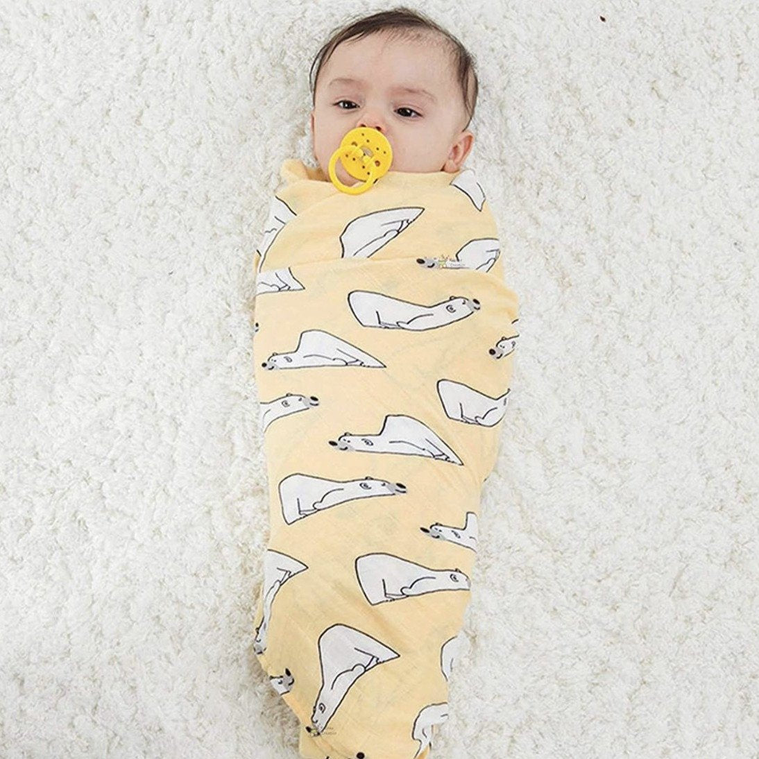 Organic Muslin Swaddle - Yellow Bear | Newborn Baby Essential Swaddle Set  | Smiley Buttons